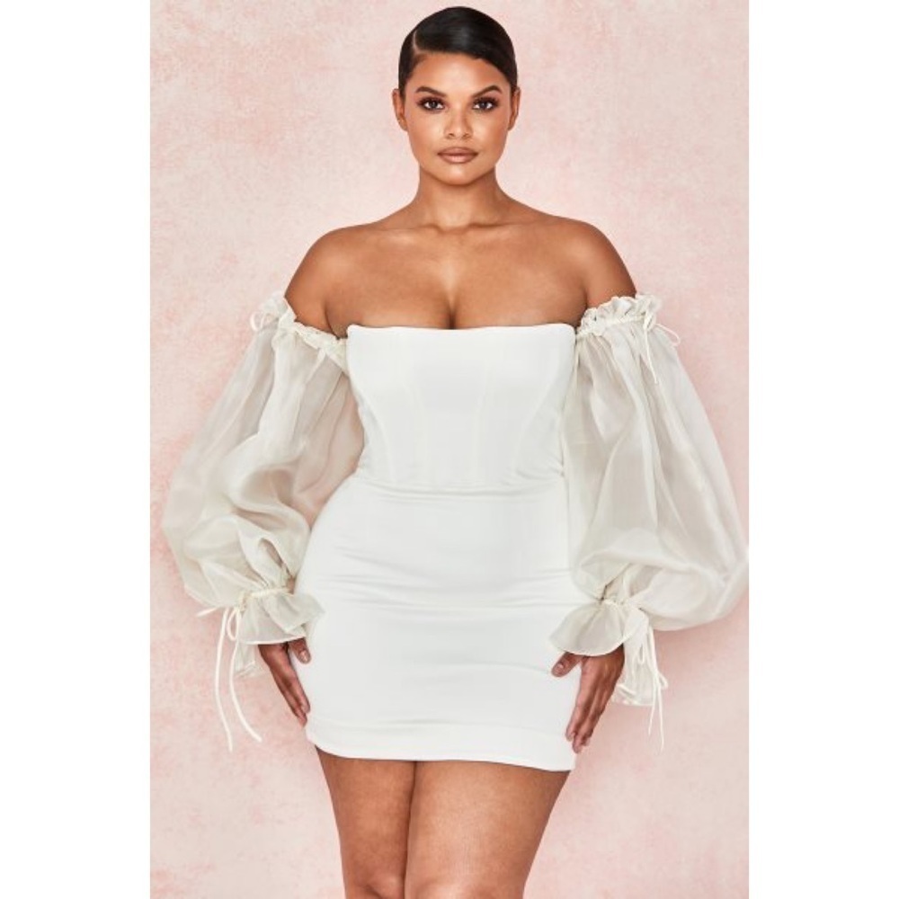 NWT House of CB Marisa Ivory Satin Corset Tulle Long Sleeves Mini Bodycon Dress - Picture 11 of 14